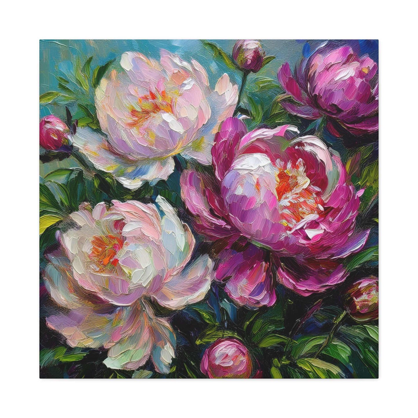 Pink Peonies Print Canvas, Floral Oil Paint Print 20x20, 24x24, 30x30, 32x32, 36x36 Art Design Pine-Wood Inner Frame MC-115