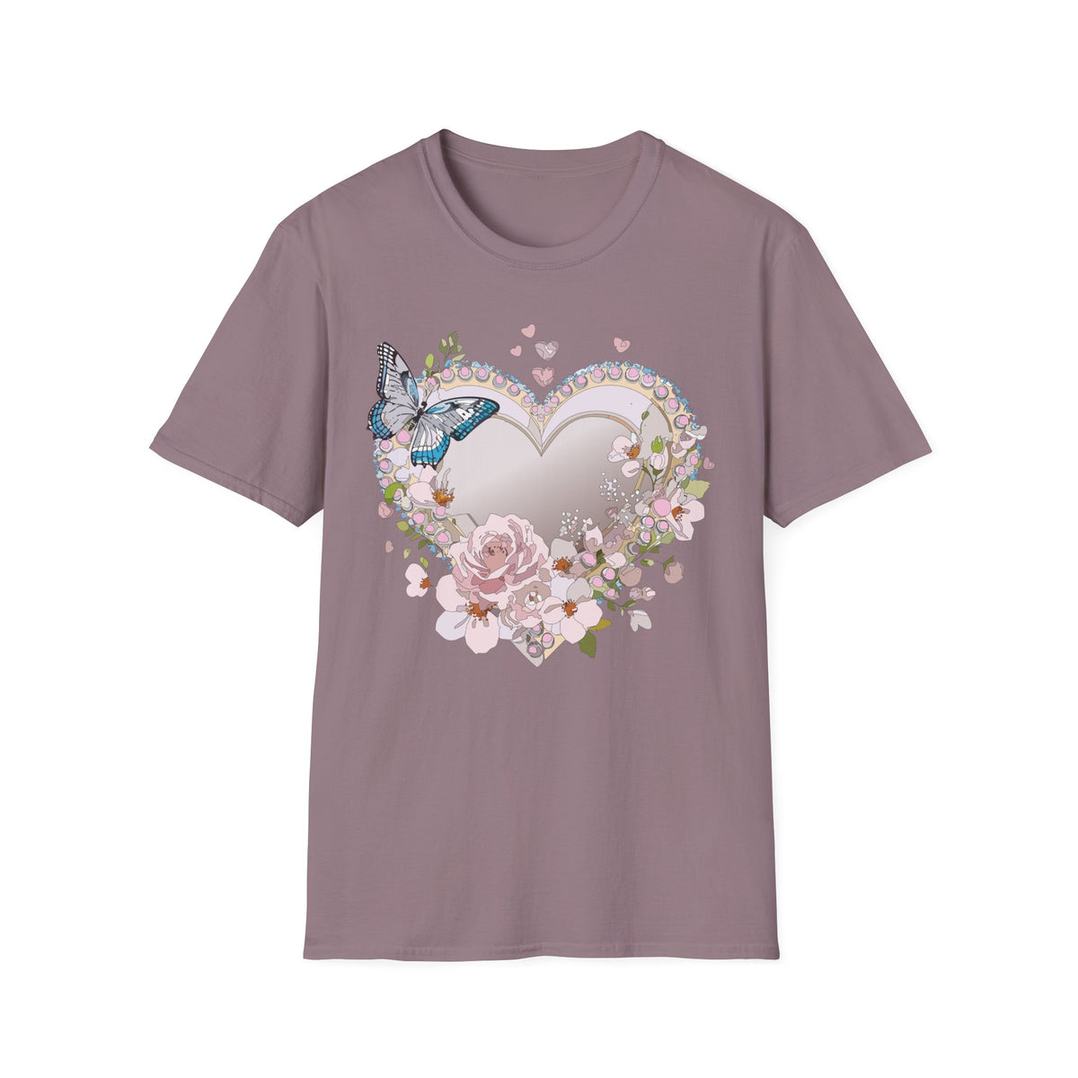 Floral Heart with Butterfly T-Shirt | Romantic Pastel Garden Graphic Tee Unisex 100 Cotton Gildan T-Shirt