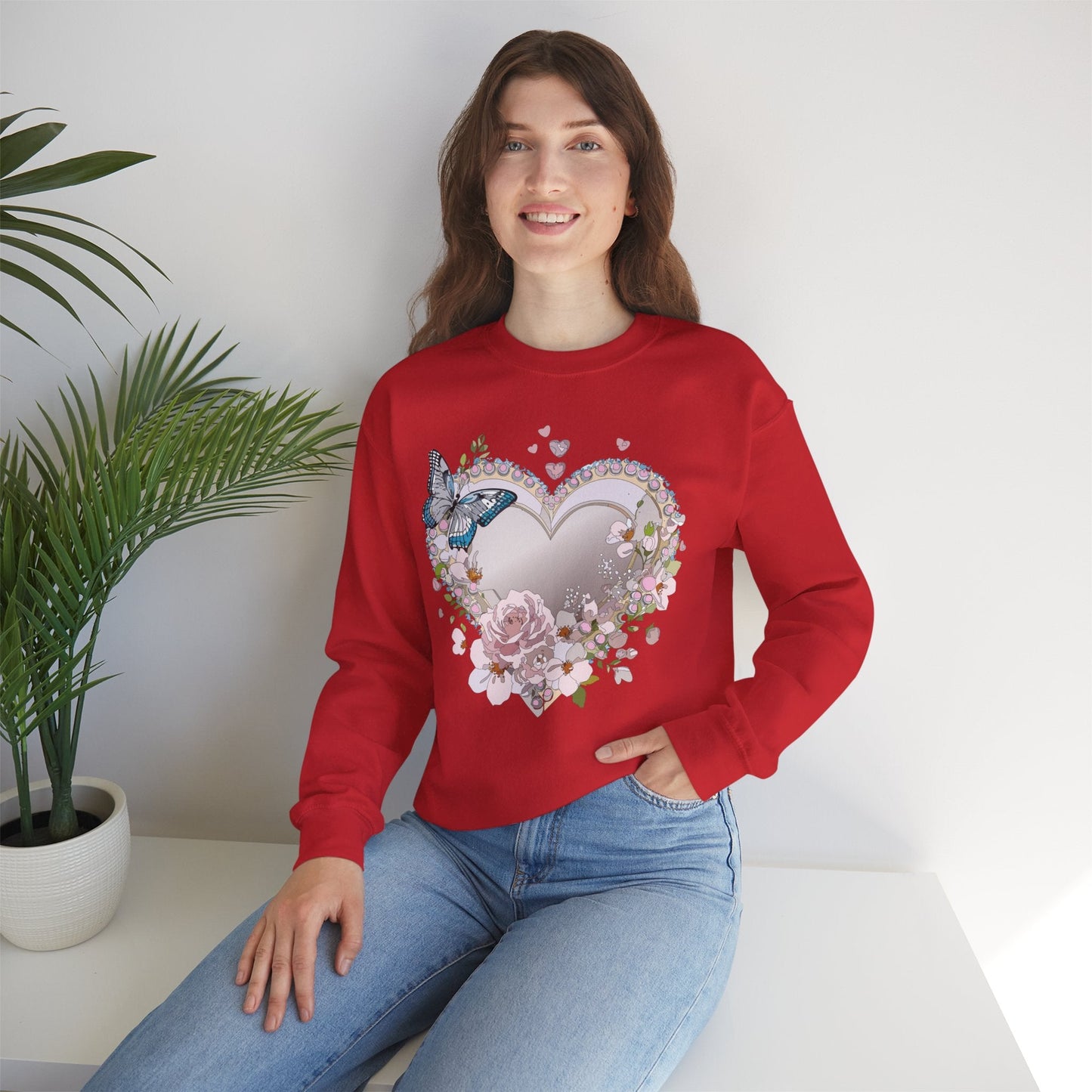 Unisex Floral Heart Sweatshirt For Valentines Day With Floral Love Print Crewneck Heavy Blend