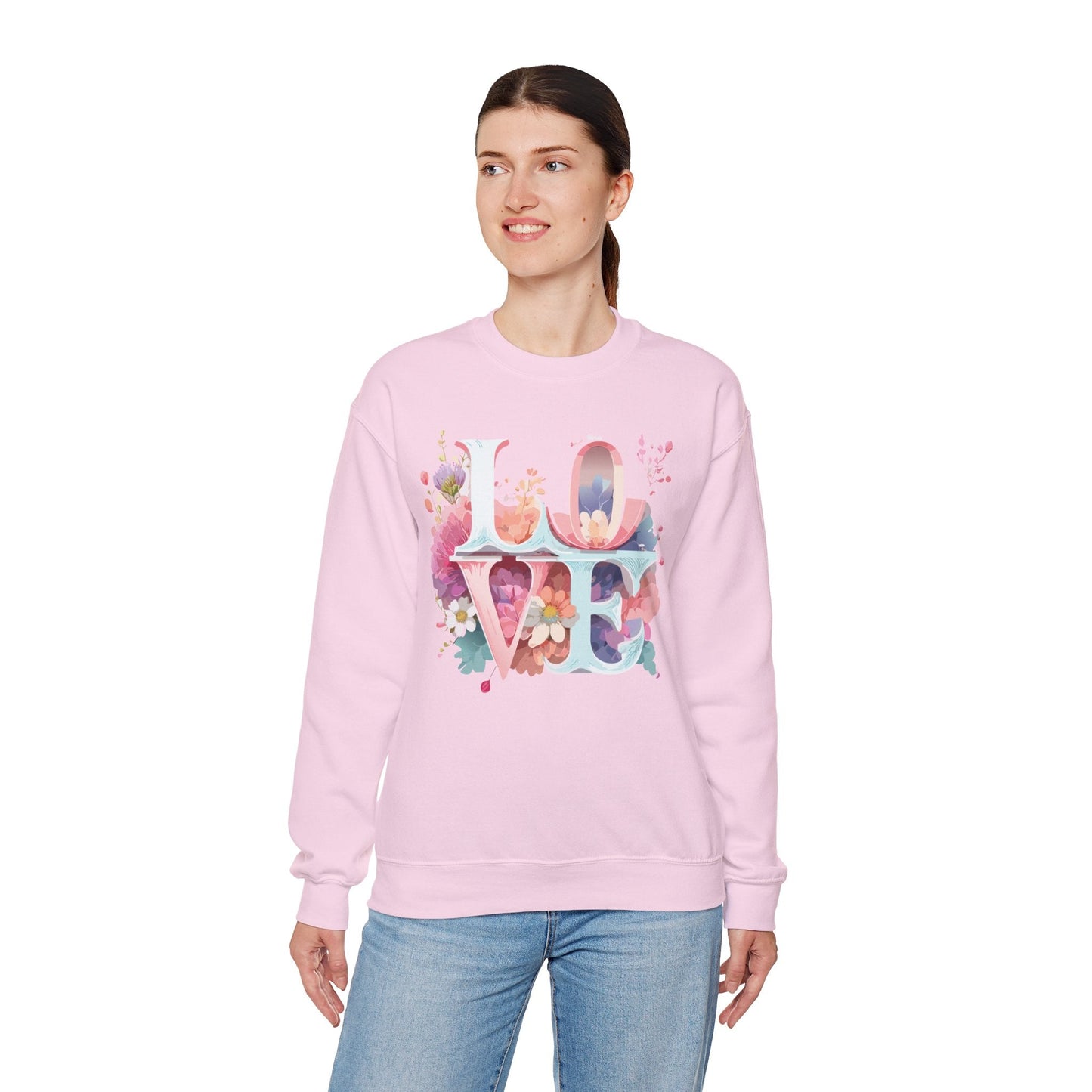 Floral Love Sweatshirt Valentines Day Flower Print Unisex Crewneck Heavy Blend Cotton Polyester
