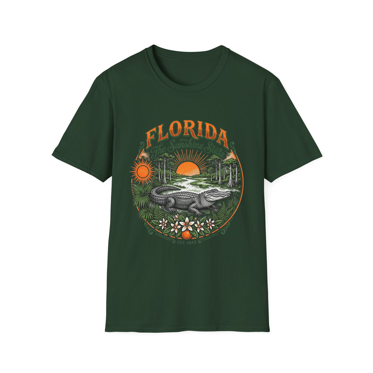 Florida The Sunshine State T-Shirt — Vintage Alligator Sunset Travel Tourist Graphic Design Unisex 100 Cotton Gildan T-Shirt
