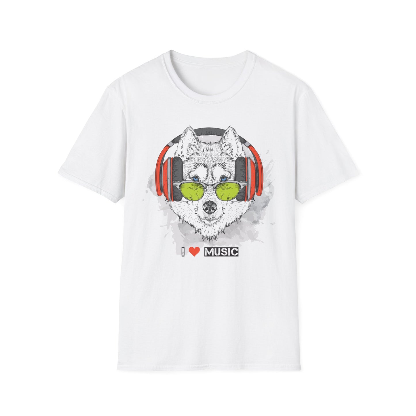 Wolf with Headphones T-Shirt Unisex Cotton Short Sleeves 'I  Music' Graphic Tee