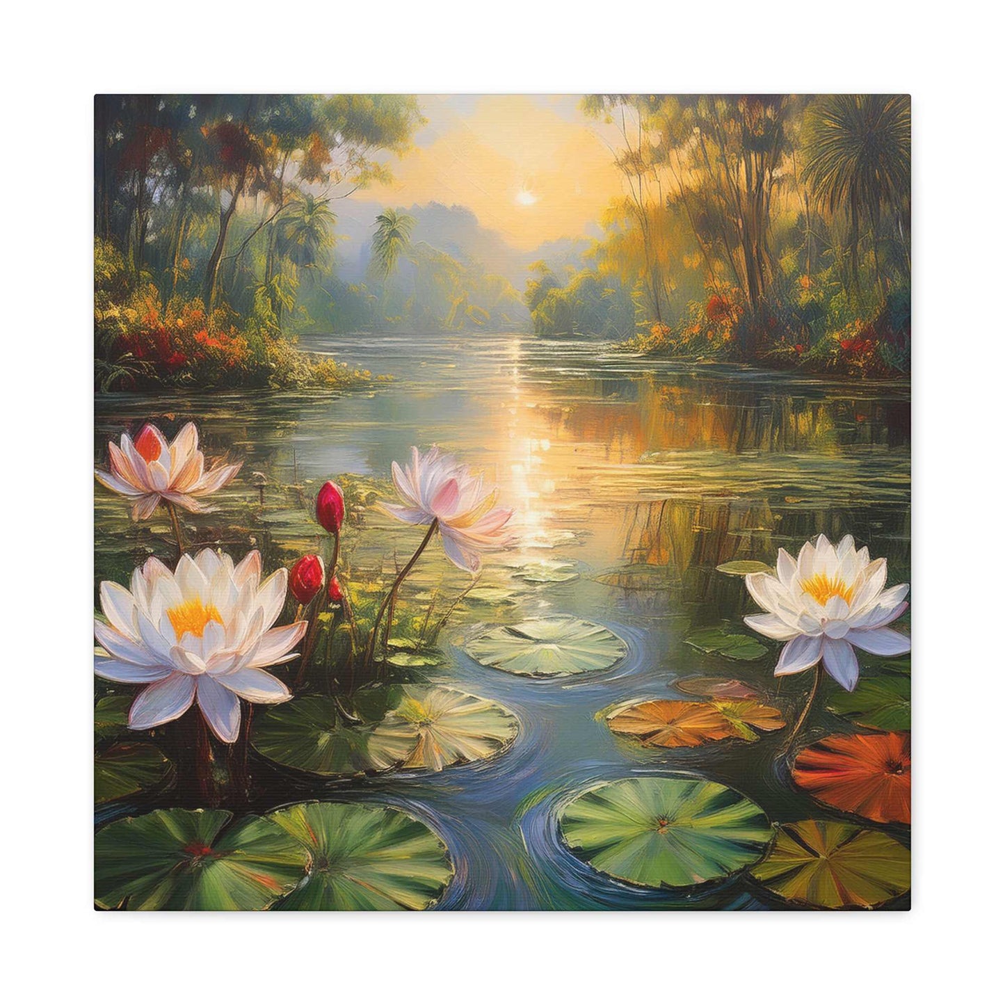 Water Lilies Print Canvas, Oil Paint Print 20x20, 24x24, 30x30, 32x32, 36x36 Floral Art Print Pine-Wood Inner Frame MC-65