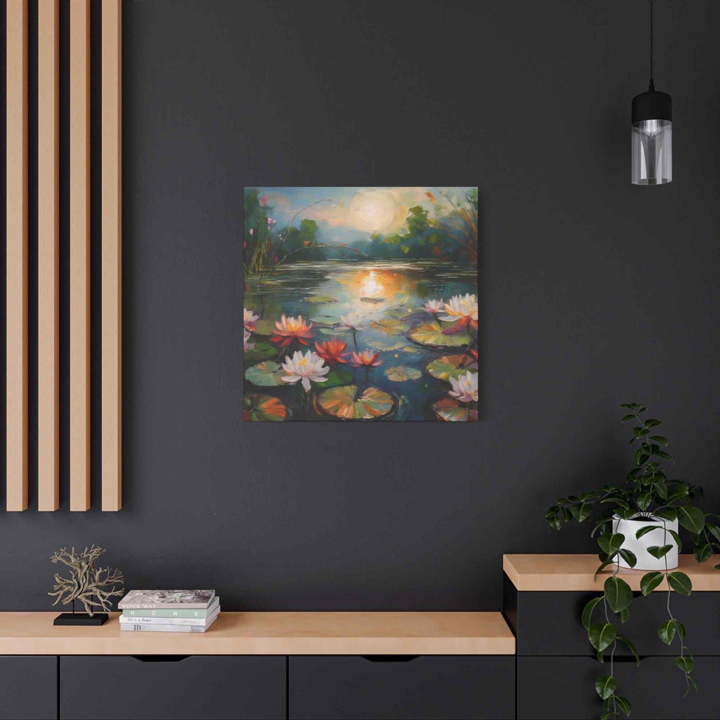 Water Lilies Print Canvas, Oil Paint Print 20x20, 24x24, 30x30, 32x32, 36x36 Floral Art Print Pine-Wood Inner Frame MC-66