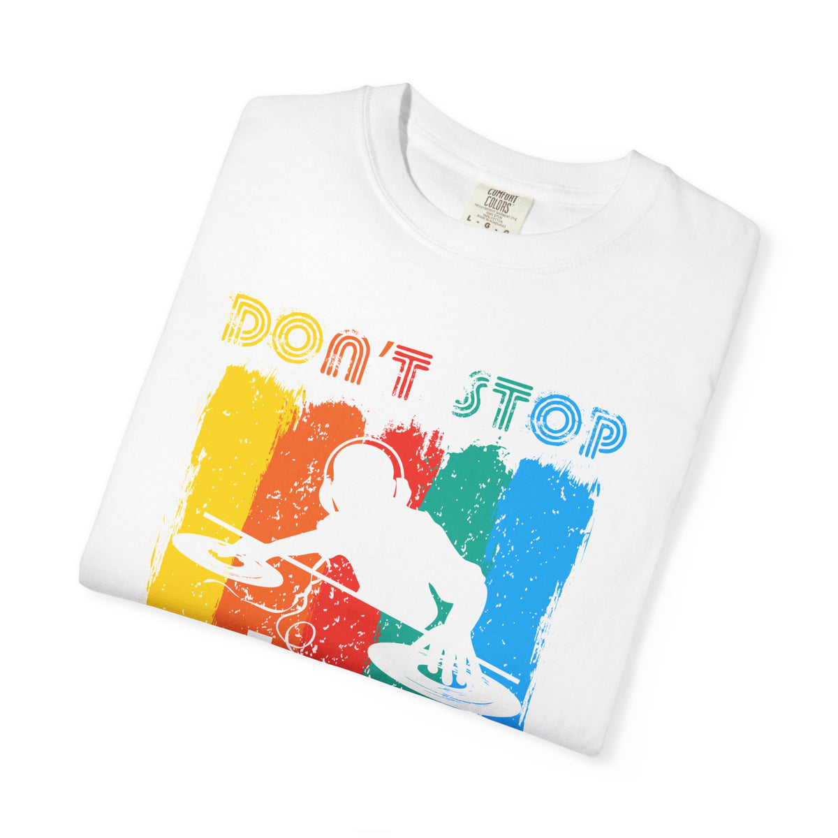 Don t Stop the Music DJ Silhouette T-Shirt Retro Rainbow Turntables Unisex Cotton Tee 014