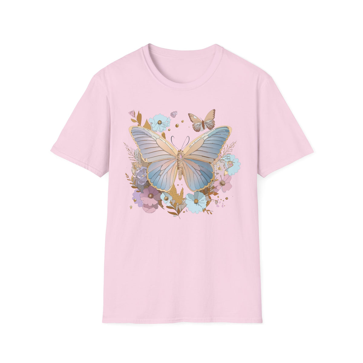 Butterfly Bloom T-Shirt — Pastel Floral Butterfly Graphic Design Unisex 100 Cotton Gildan T-Shirt