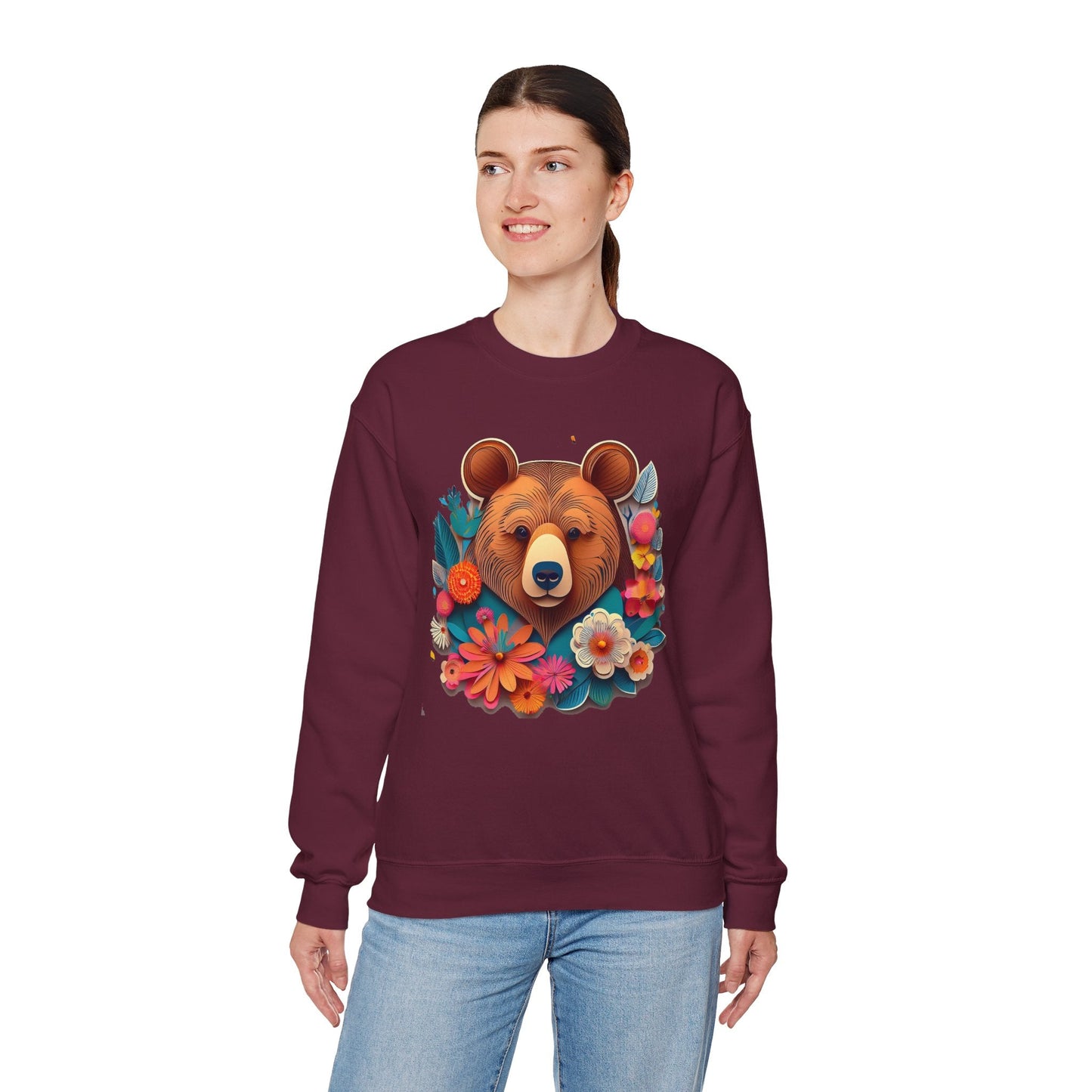 Unisex Floral Bear Sweatshirt Art Design Gildan 18000 Heavy Blend Crewneck