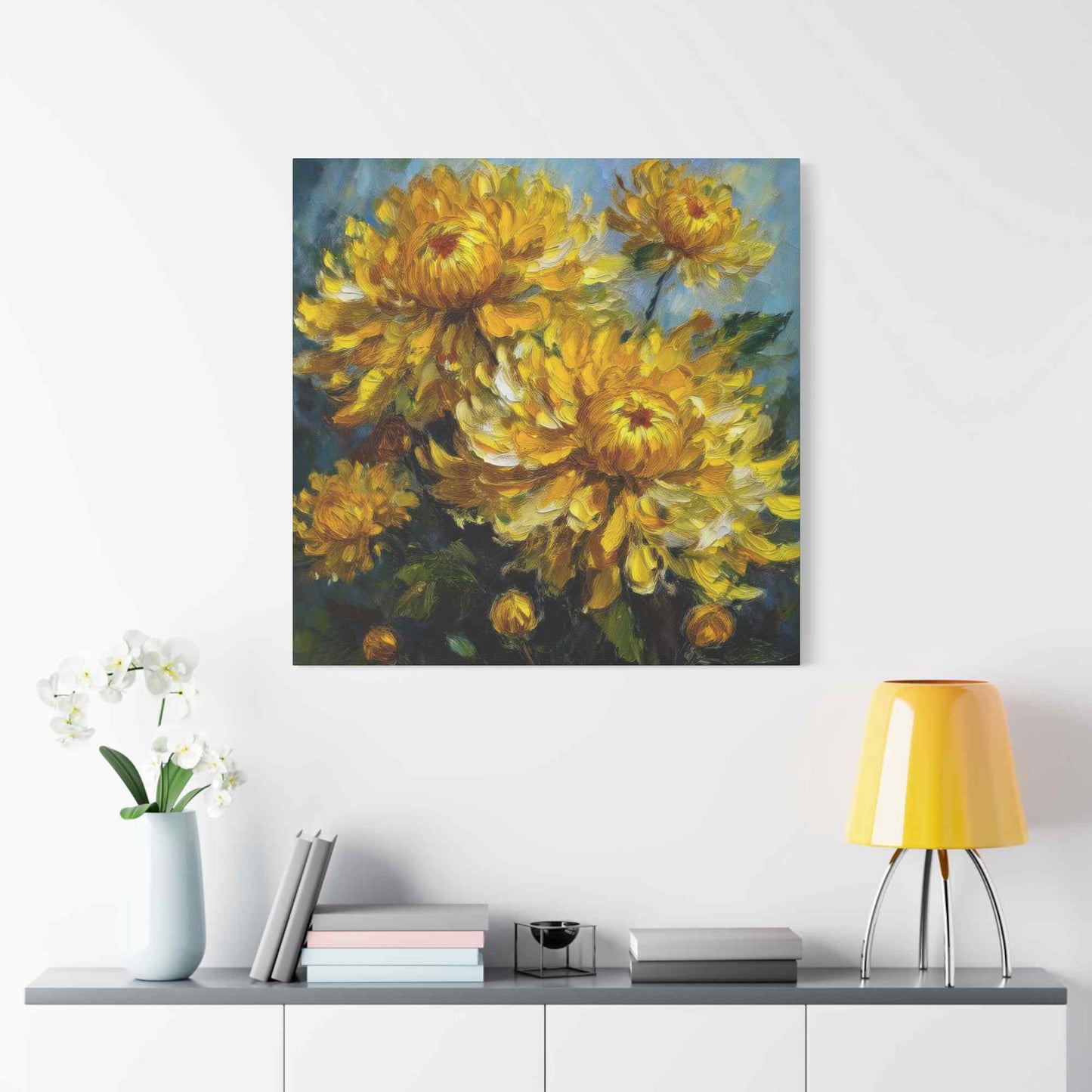 Chrysanthemums Print Canvas, Floral Oil Paint Print 20x20, 24x24, 30x30, 32x32, 36x36 Art Design Pine-Wood Inner Frame MC-163