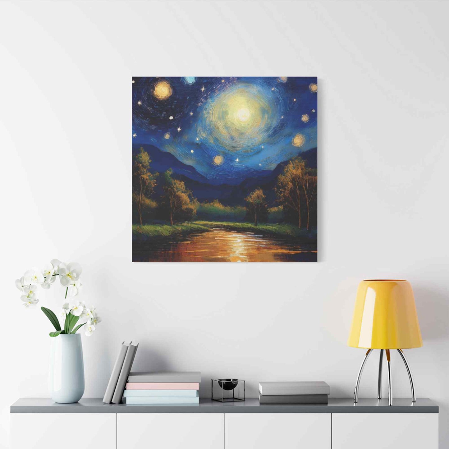 Starry Night Print Canvas, Oil Paint Print 20x20, 24x24, 30x30, 32x32, 36x36 Art Design Print Pine-Wood Inner Frame MC-38