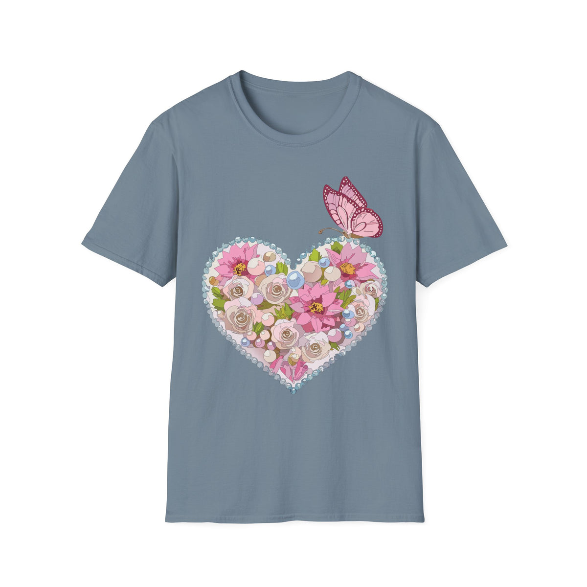 Floral Heart with Butterfly T-Shirt | Pink Flower Heart Graphic Tee Unisex 100 Cotton Gildan T-Shirt