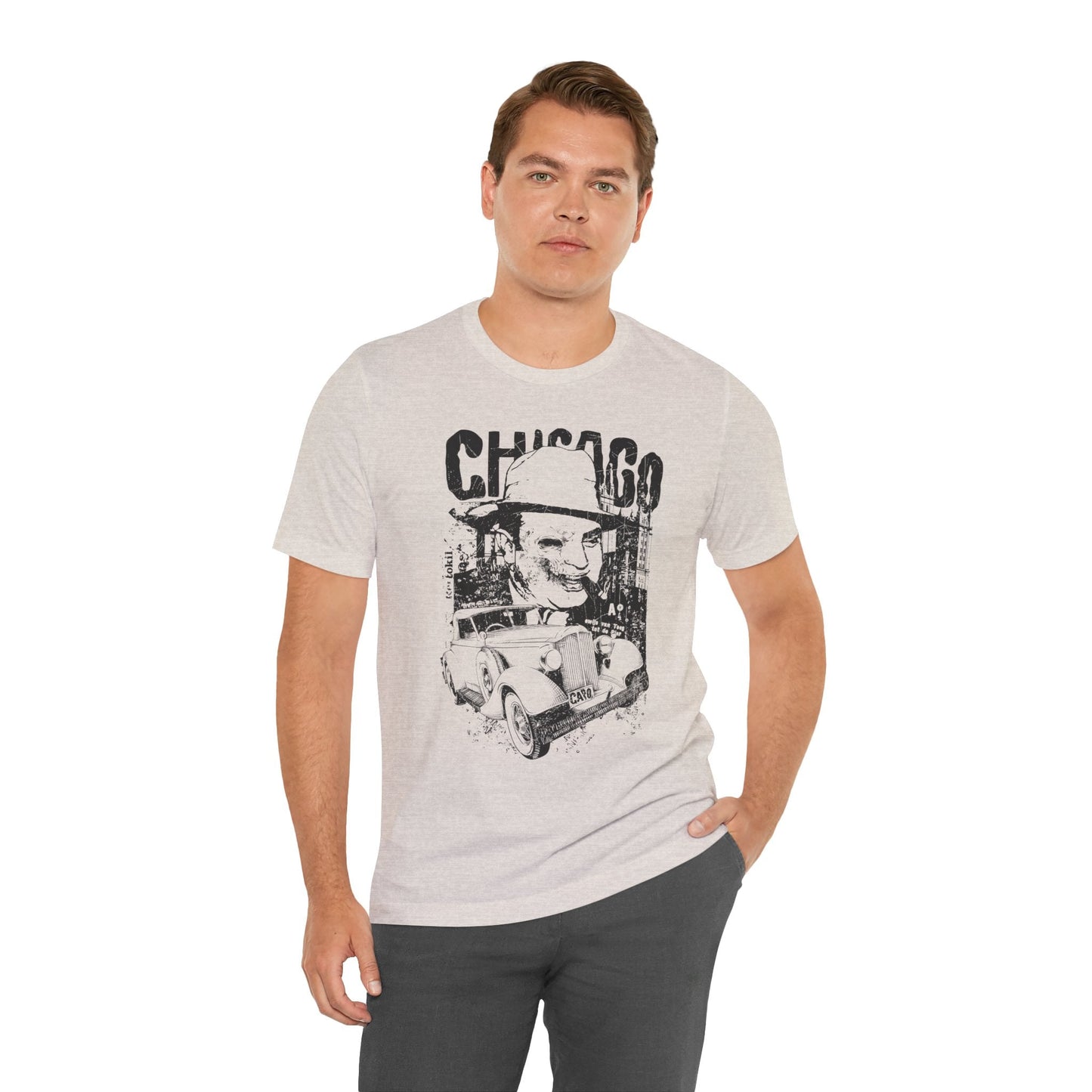 Chicago Retro Mobster Illustration Tee Vintage Car Cityscape Art Design T-Shirt A-8