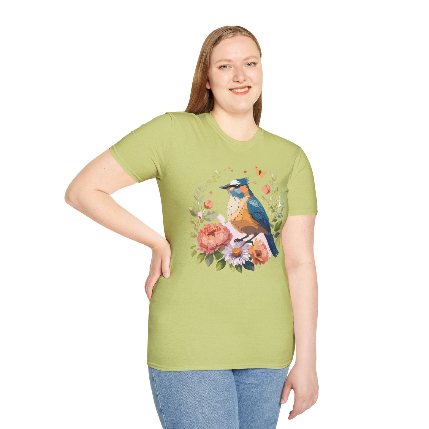 Floral Bird T Shirt Unisex Softstyle Gildan 64000 Tee 100 Percent Ring Spun Cotton
