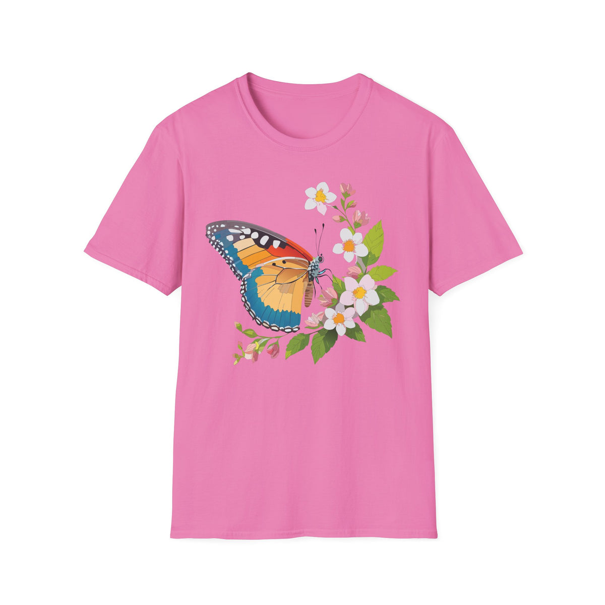 Butterfly Floral T-Shirt — Colorful Monarch with Blossoms Graphic Design Unisex 100 Cotton Gildan T-Shirt