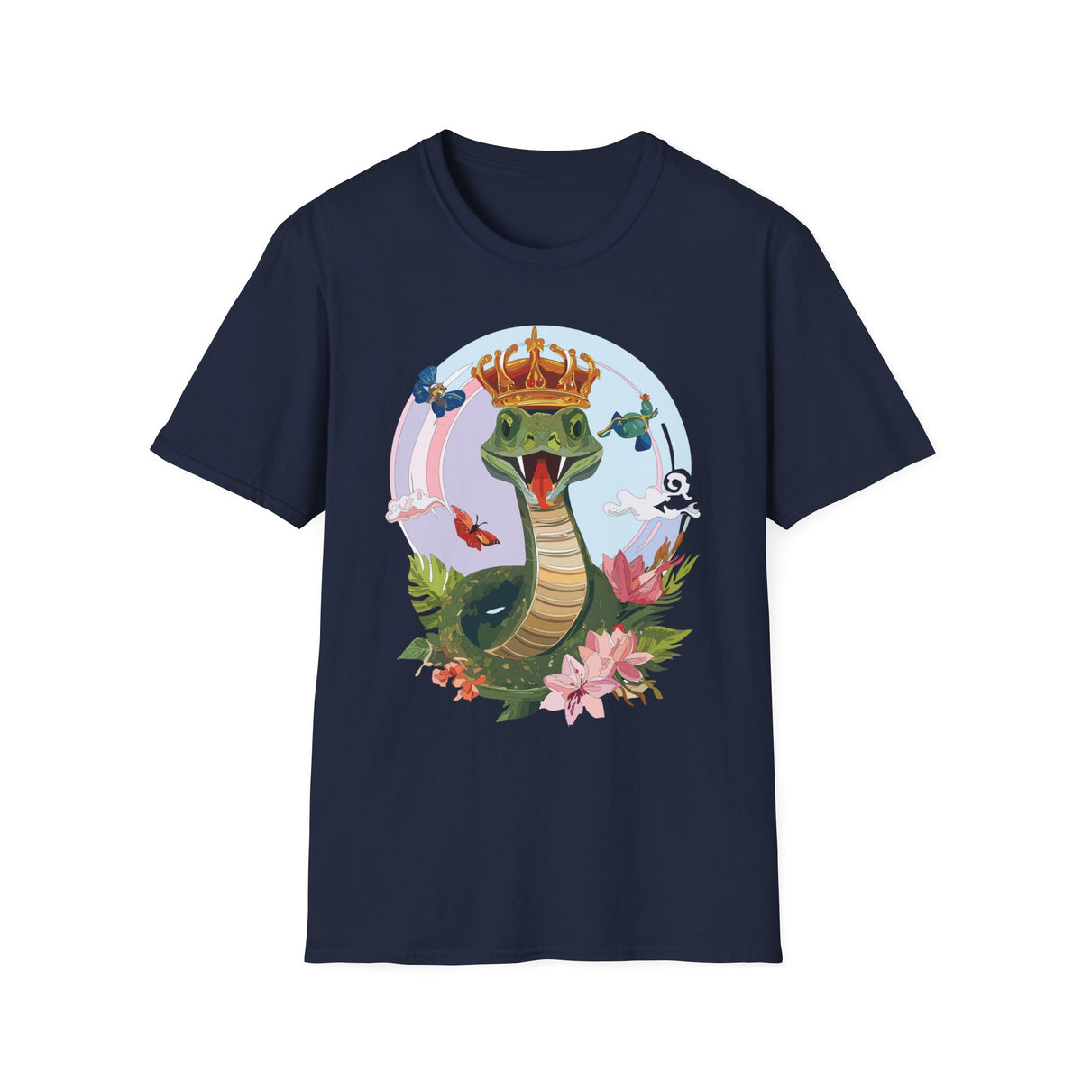 Crowned Snake Illustration T-Shirt | Regal Snake with Crown and Butterflies