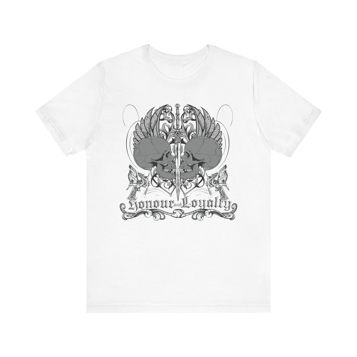 Honor Loyalty crest tee Gothic heraldry skulls wings emblem Unisex Cotton Art-48