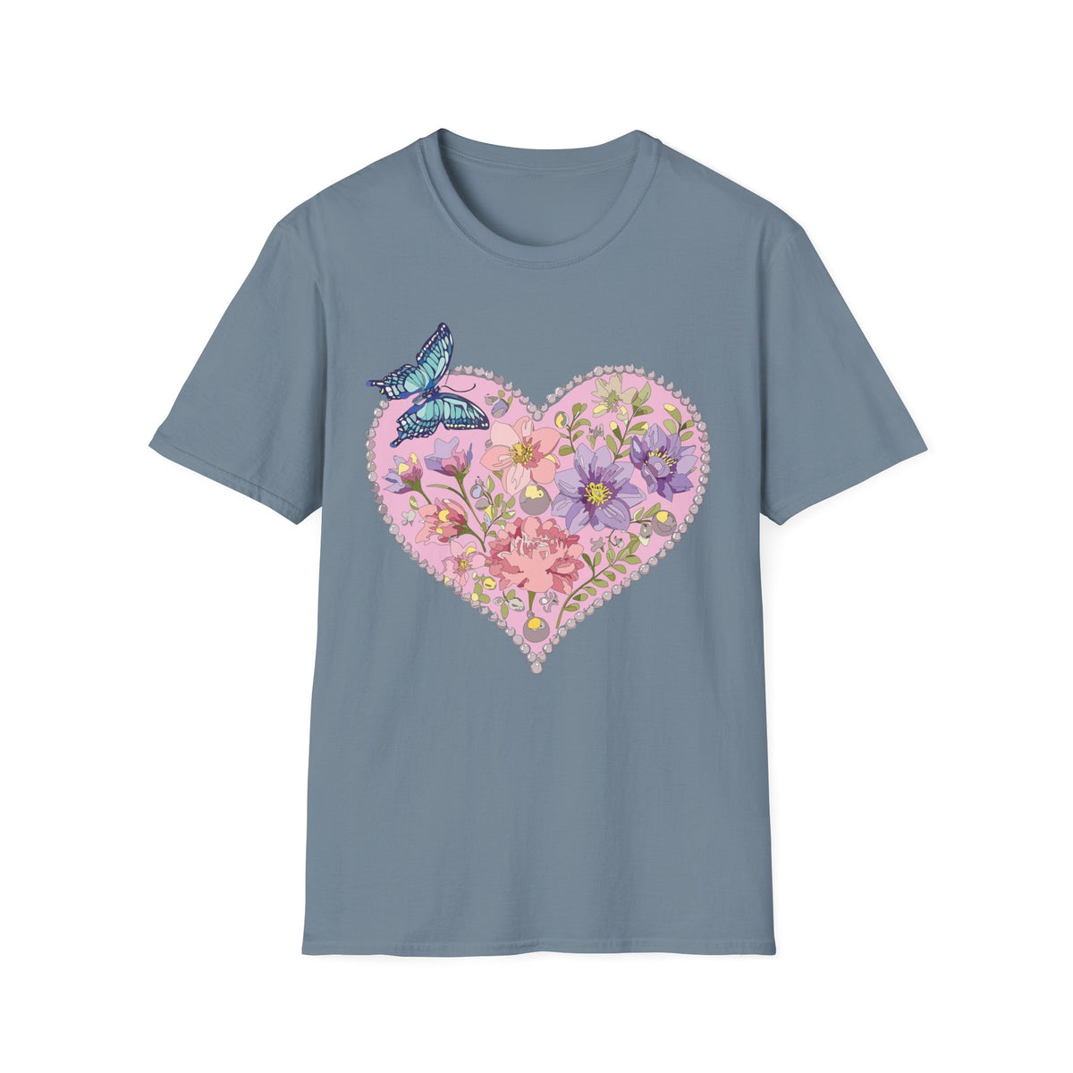 Floral Heart with Butterfly T-Shirt | Botanical Heart Graphic Tee Unisex 100 Cotton Gildan T-Shirt
