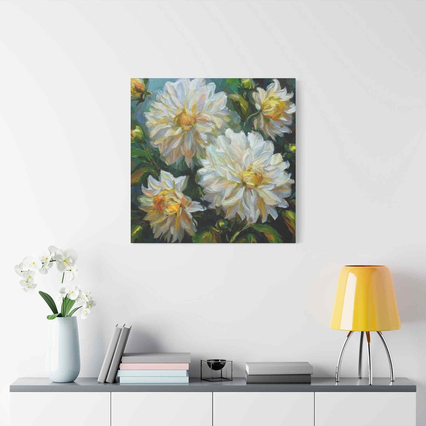 White Dahlias Print Canvas, Floral Oil Paint Print 20x20, 24x24, 30x30, 32x32, 36x36 Art Design Pine-Wood Inner Frame MC-169