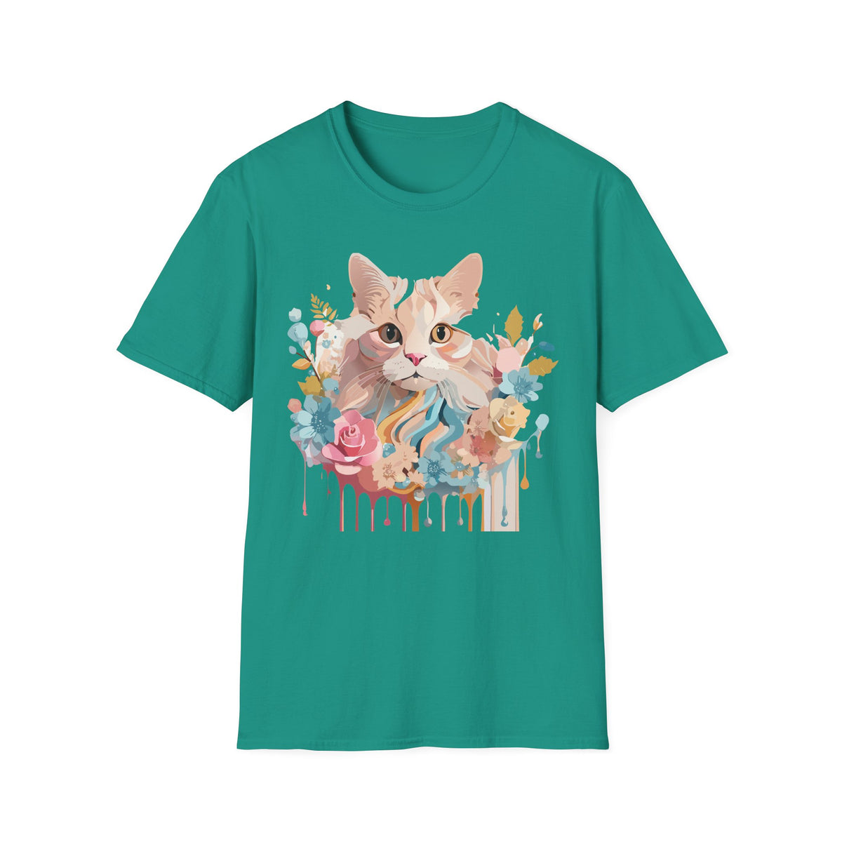 Pastel Floral Cat Portrait T-Shirt | Watercolor Kitten Tee