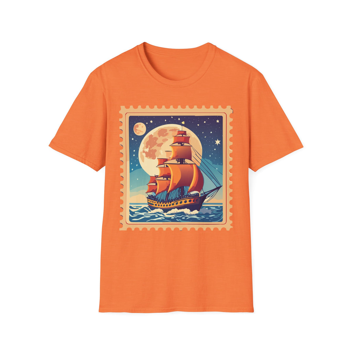 Vintage Sailing Ship T‑Shirt — Nautical Stamp Moonlight Travel Post Graphic Design Unisex 100 Cotton Gildan T-Shirt