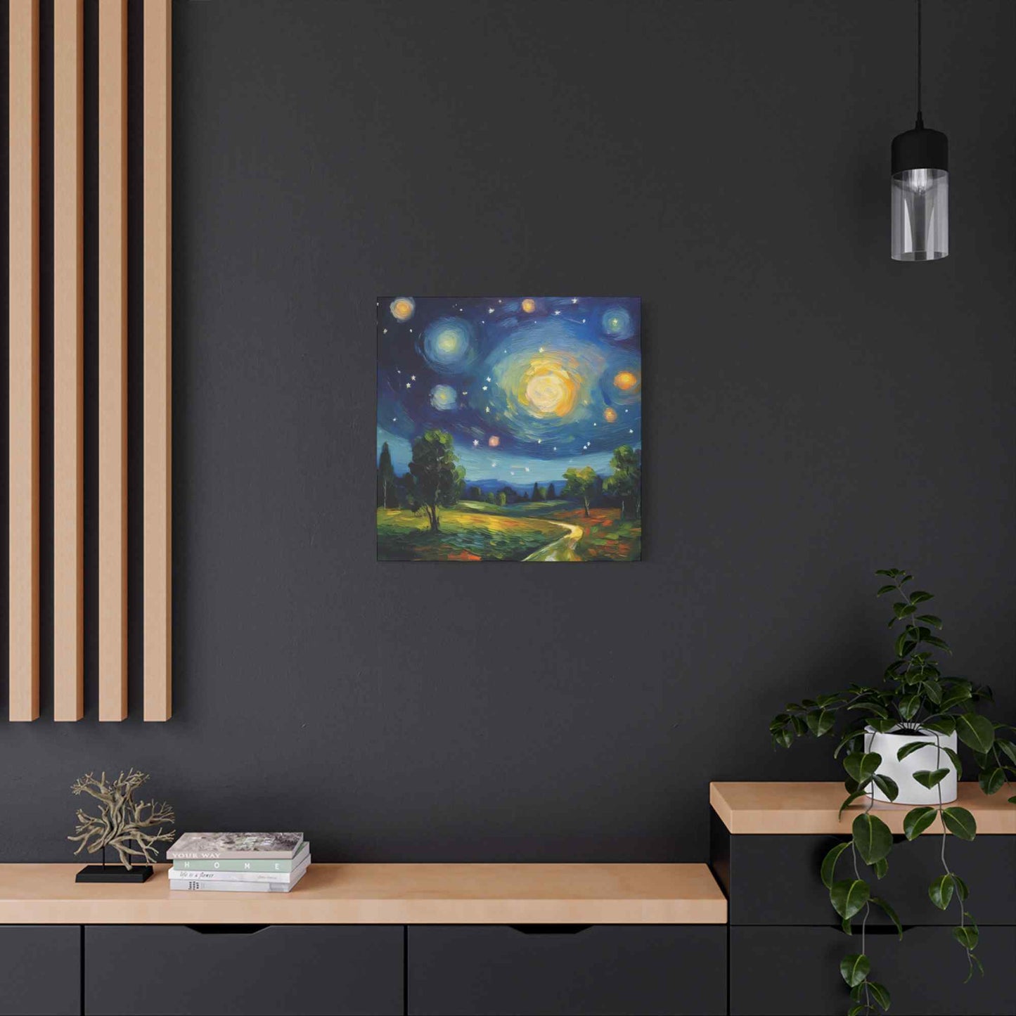 Starry Night Print Canvas, Oil Paint Print 20x20, 24x24, 30x30, 32x32, 36x36 Art Design Print Pine-Wood Inner Frame MC-40