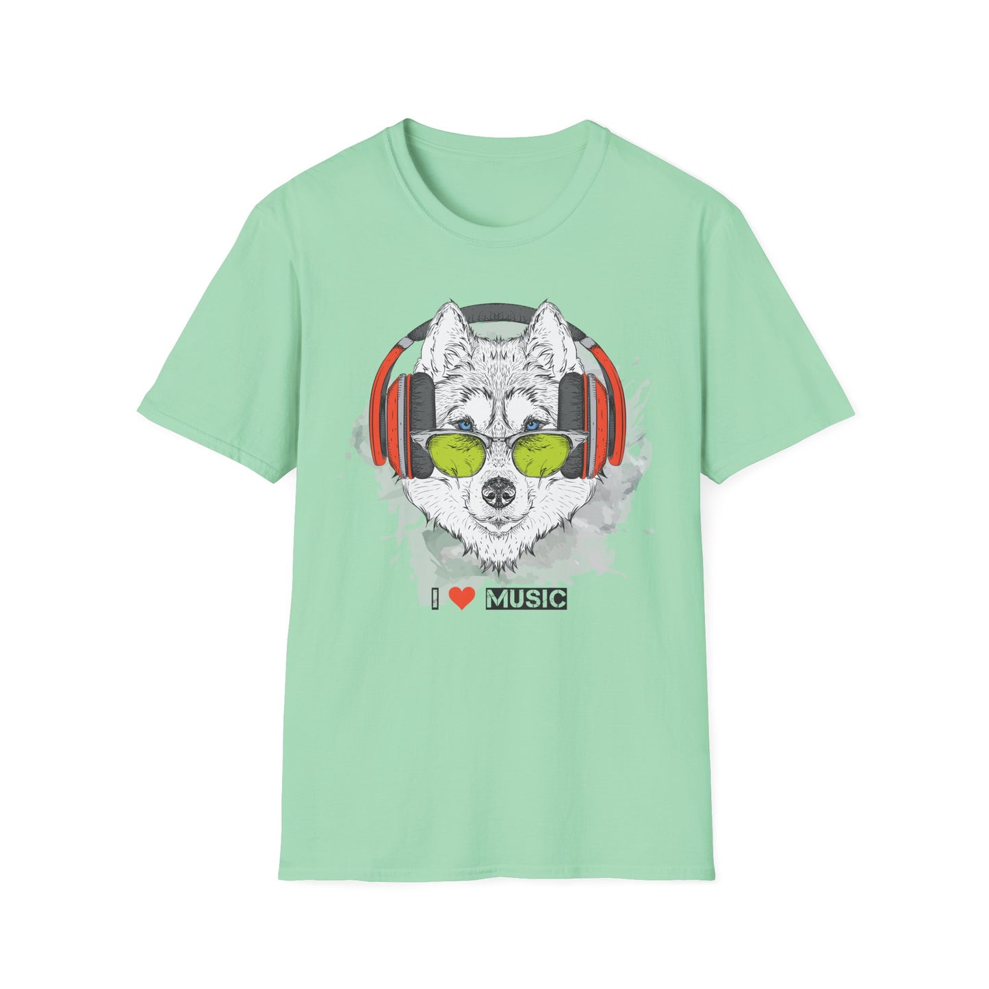 Wolf with Headphones T-Shirt Unisex Cotton Short Sleeves 'I  Music' Graphic Tee