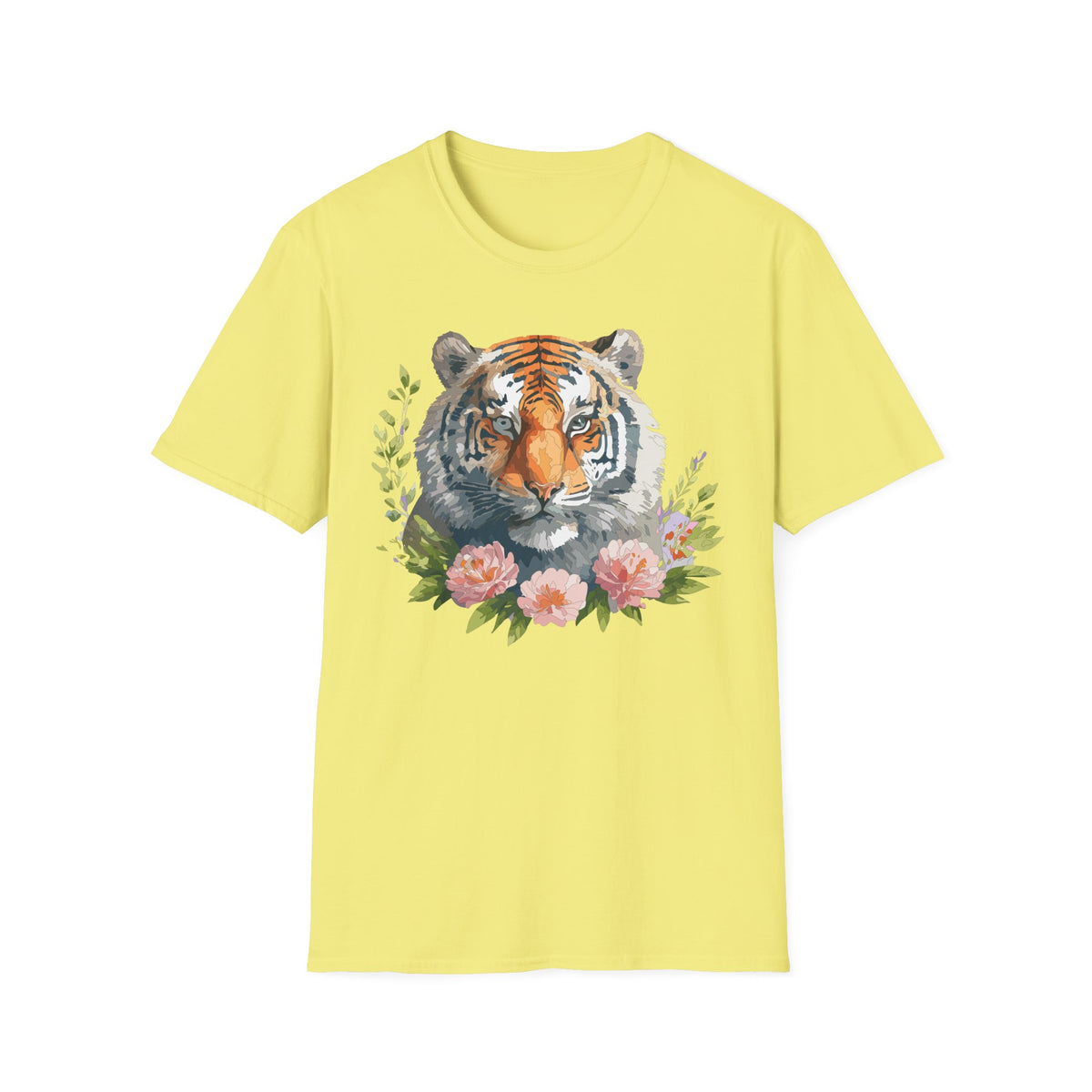 Watercolor Tiger Head T-Shirt | Floral Accents, Botanical Illustration