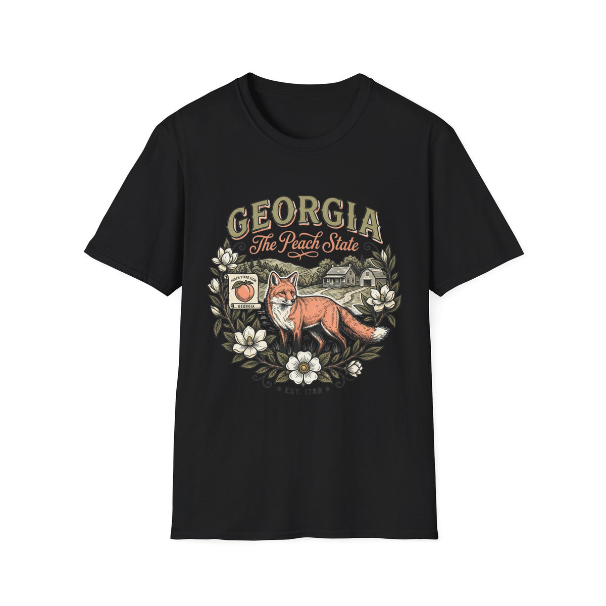 Georgia Fox T-Shirt — The Peach State Vintage Nature Travel Tourist Graphic Design Unisex 100 Cotton Gildan T-Shirt