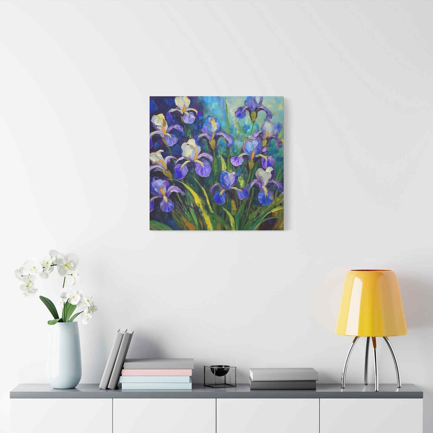 Irises Floral Print Canvas, Floral Oil Paint Print 20x20, 24x24, 30x30, 32x32, 36x36 Art Design Pine-Wood Inner Frame MC-188