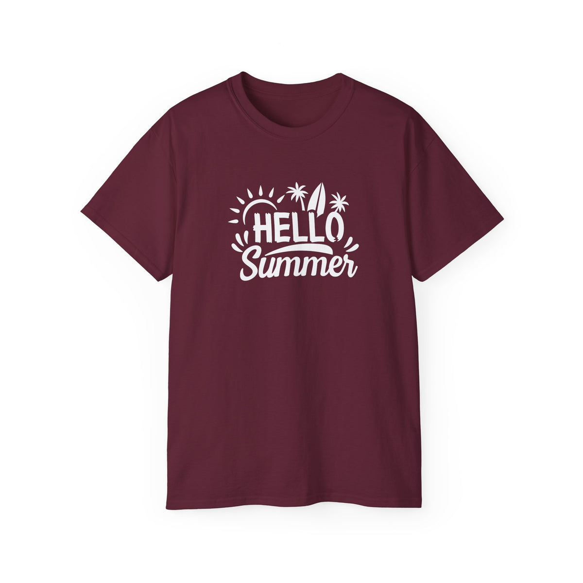 Hello Summer surfboard palm trees T-Shirt | Summer beach graphic tee