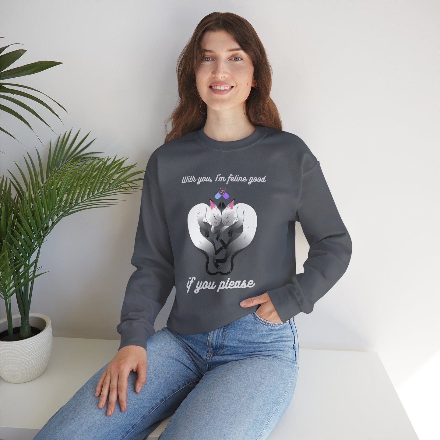 Double Cat Heart Sweatshirt Unisex Fifty Fifty Cotton Poly Valentines Day Sweatshirt
