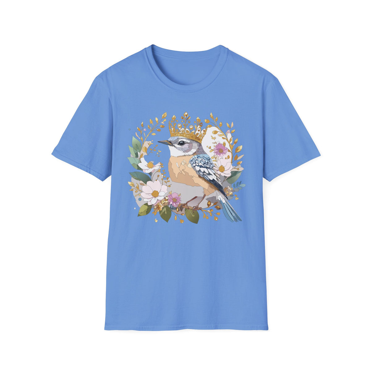 Blue Jay with Floral Wreath and Crown T-Shirt | Bird Illustration