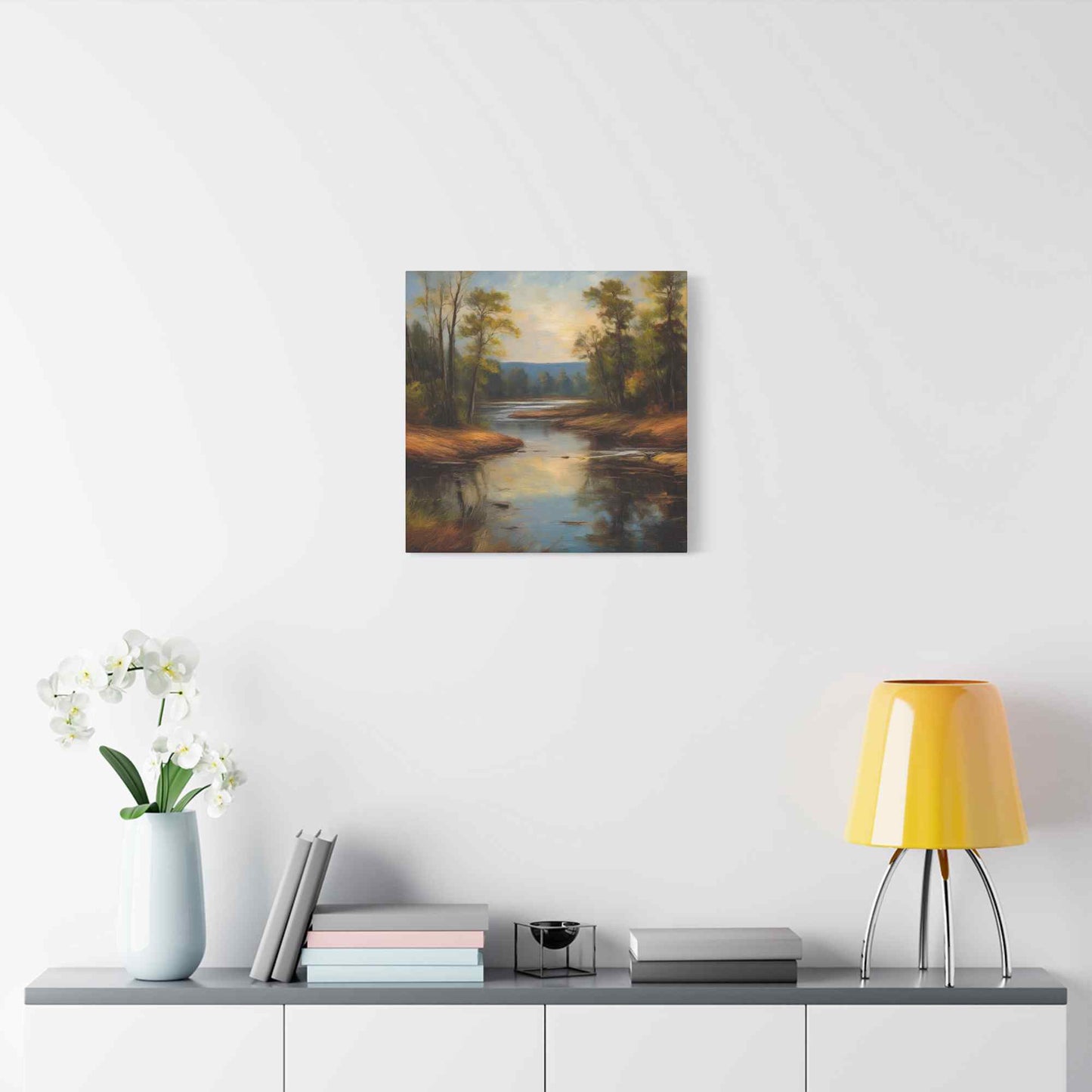 River Print Canvas, Landscape Oil Paint Print 20x20, 24x24, 30x30, 32x32, 36x36 Art Design Print Pine-Wood Inner Frame MC-51
