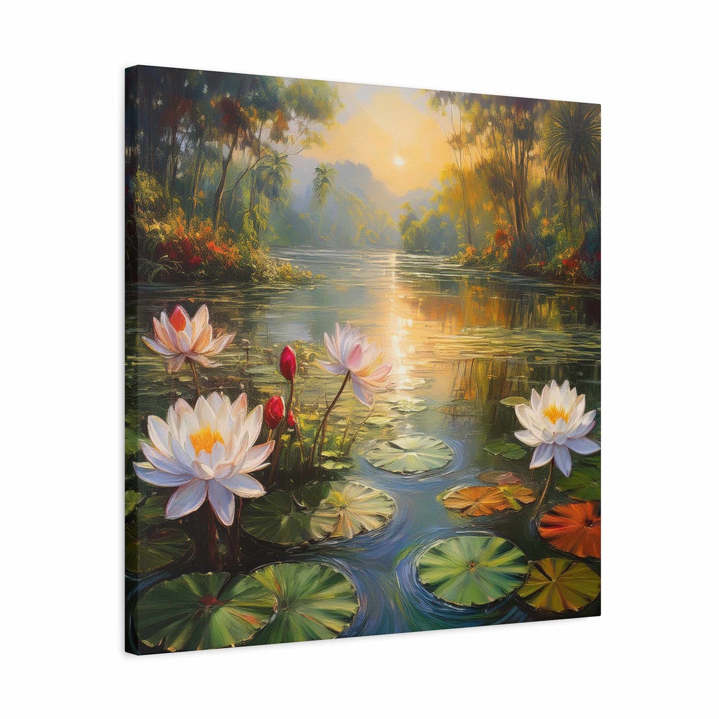 Water Lilies Print Canvas, Oil Paint Print 20x20, 24x24, 30x30, 32x32, 36x36 Floral Art Print Pine-Wood Inner Frame MC-65