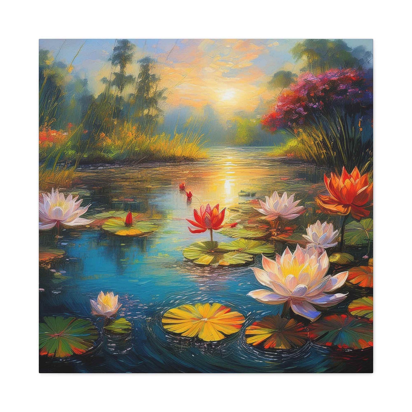 Water Lilies Print Canvas, Oil Paint Print 20x20, 24x24, 30x30, 32x32, 36x36 Floral Art Print Pine-Wood Inner Frame MC-67