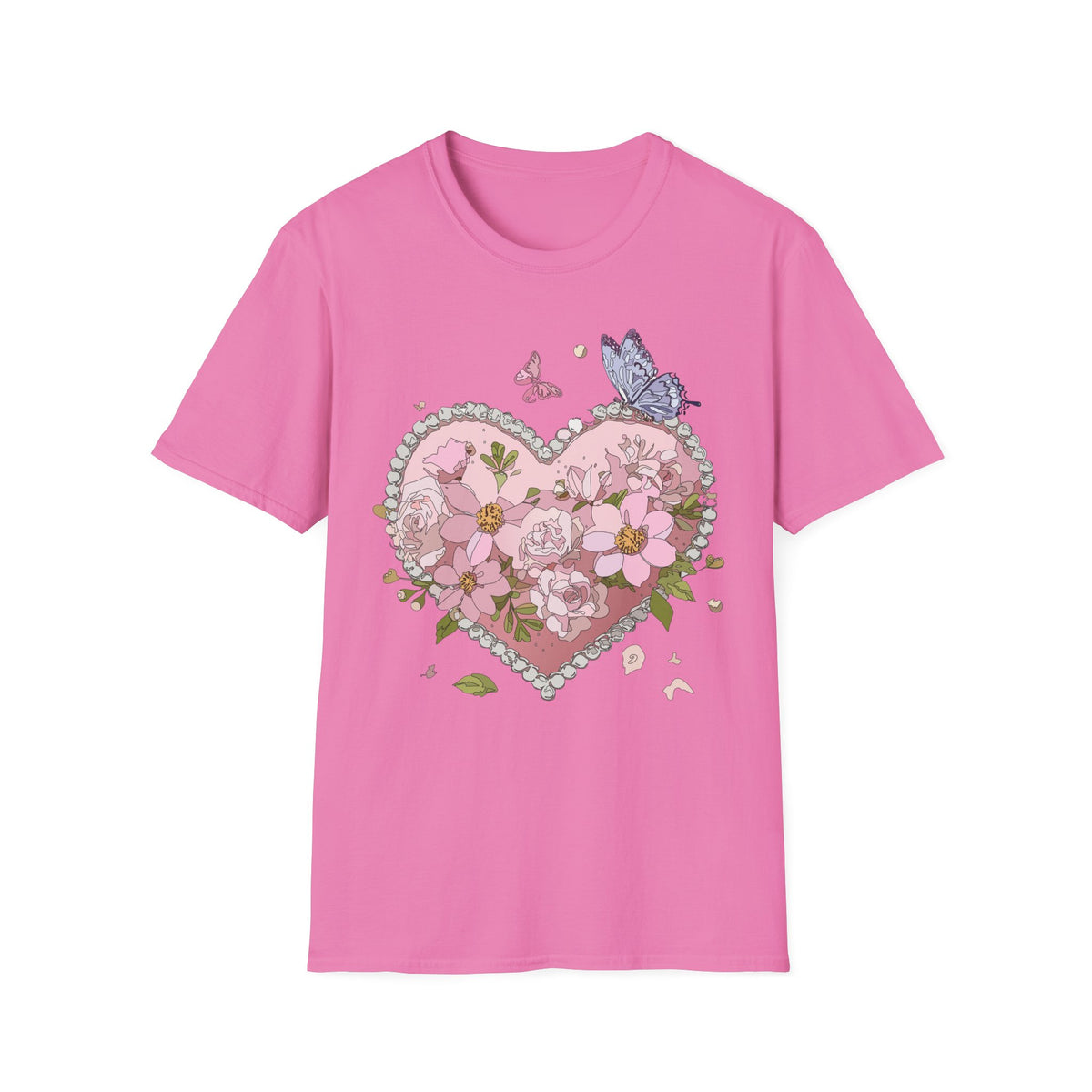 Floral Heart with Butterflies T-Shirt | Pink Flower Heart Graphic Tee Unisex 100 Cotton Gildan T-Shirt