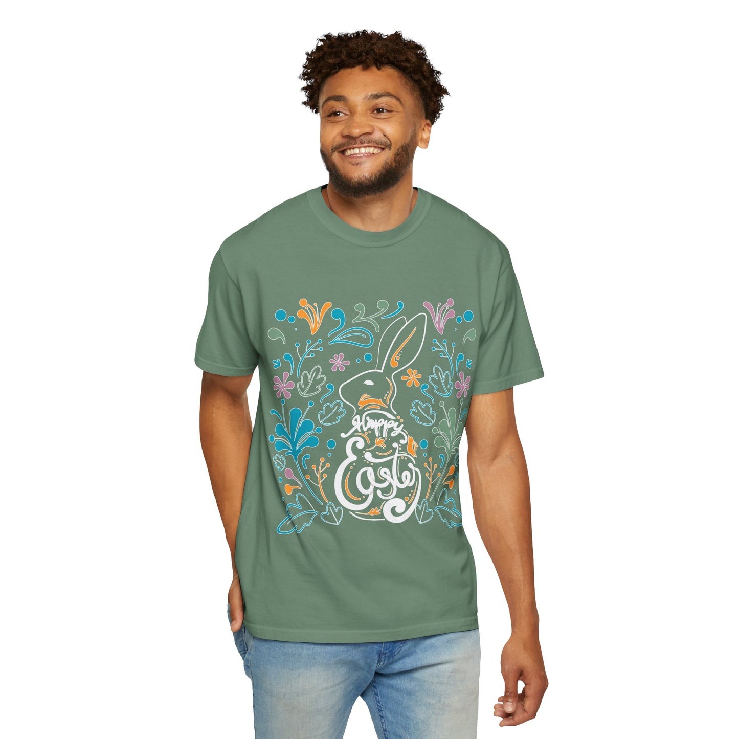 Easter Bunny Floral T-Shirt, Tee Shirt with Easter Signature, T Shirt with Easter Prints, Tee Shirt with Easter Design