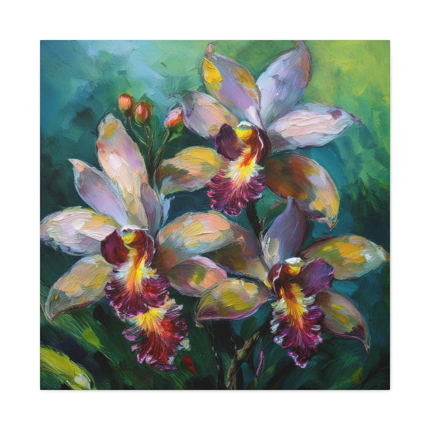 Blue Orchids Print Canvas, Floral Oil Paint Print 20x20, 24x24, 30x30, 32x32, 36x36 Art Design Pine-Wood Inner Frame MC-134