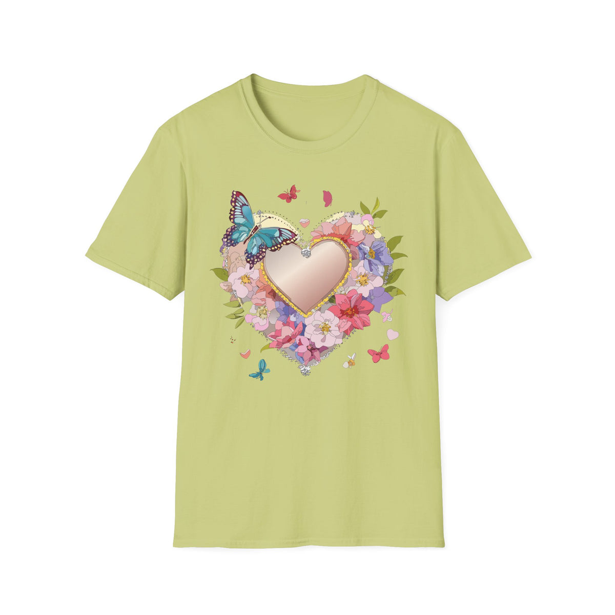 Butterfly Floral Heart Pink Gold Heart with Flowers and Butterflies Graphic Design Unisex 100 Cotton Gildan T-Shirt