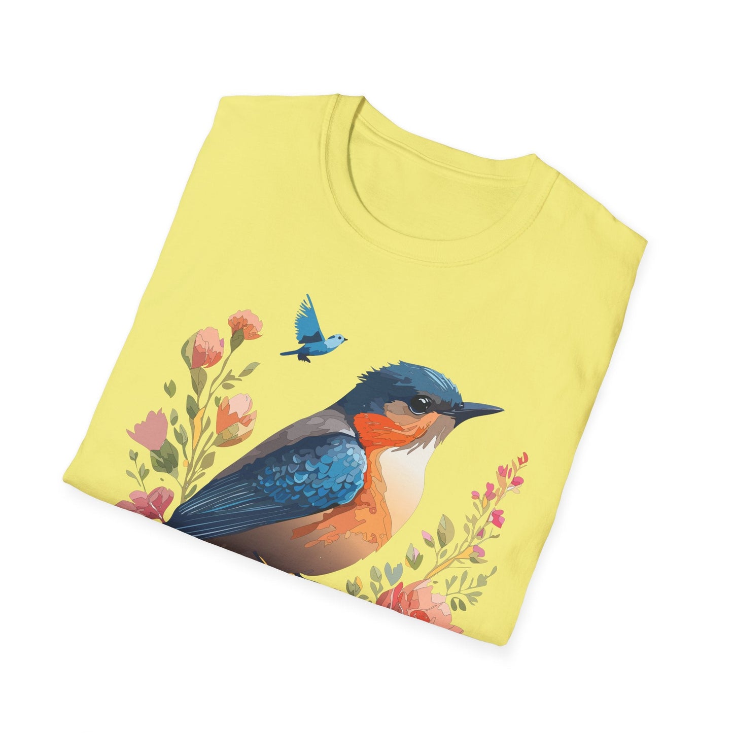Unisex Floral Bird T Shirt Softstyle 64000 Gildan Ring Spun Cotton Tee Relaxed Fit