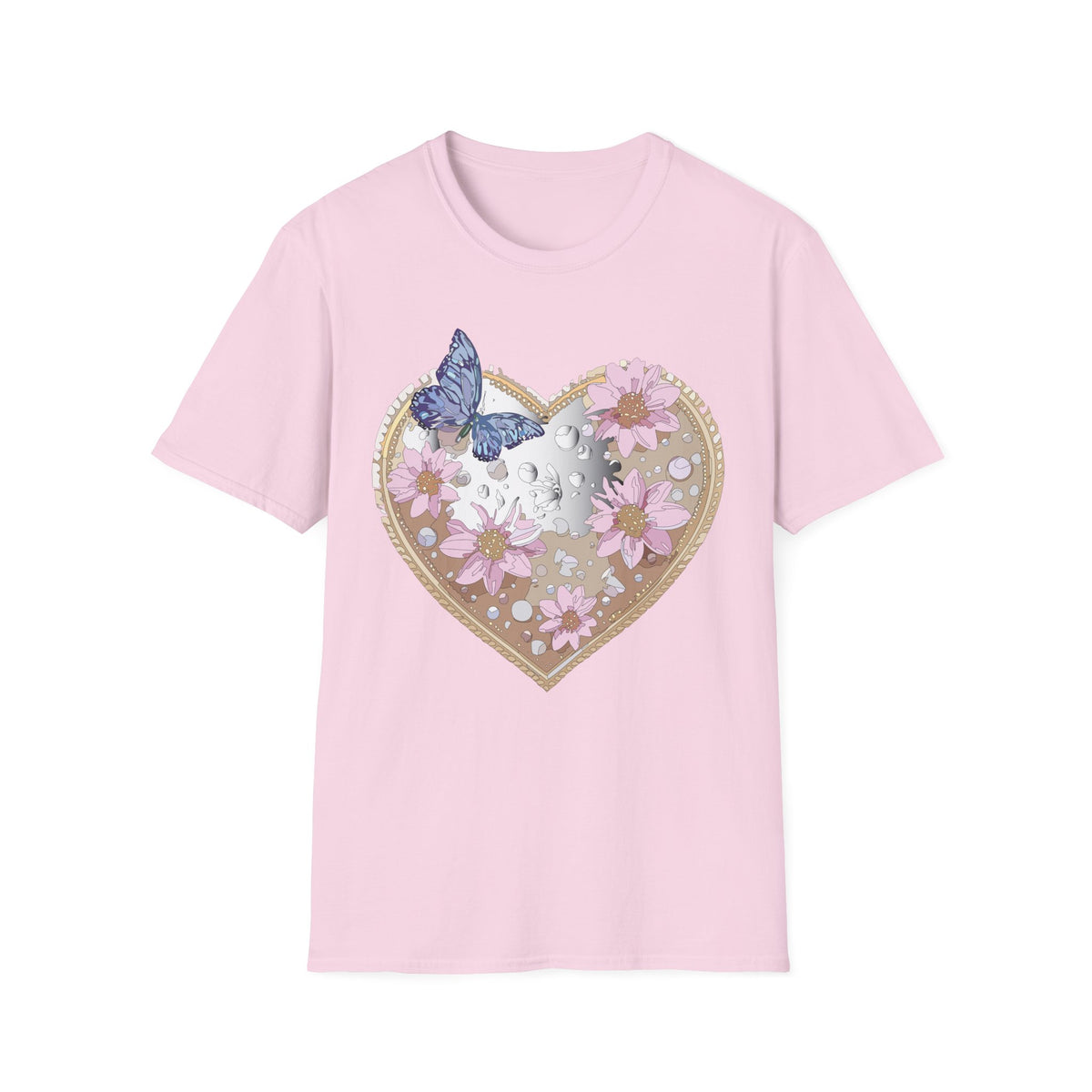 Floral Heart with Butterfly T-Shirt | Pink Flowers, Moon Phases Graphic Tee Unisex 100 Cotton Gildan T-Shirt