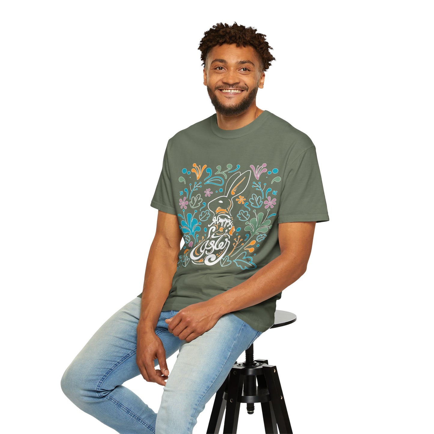 Easter Bunny Floral T-Shirt, Tee Shirt with Easter Signature, T Shirt with Easter Prints, Tee Shirt with Easter Design
