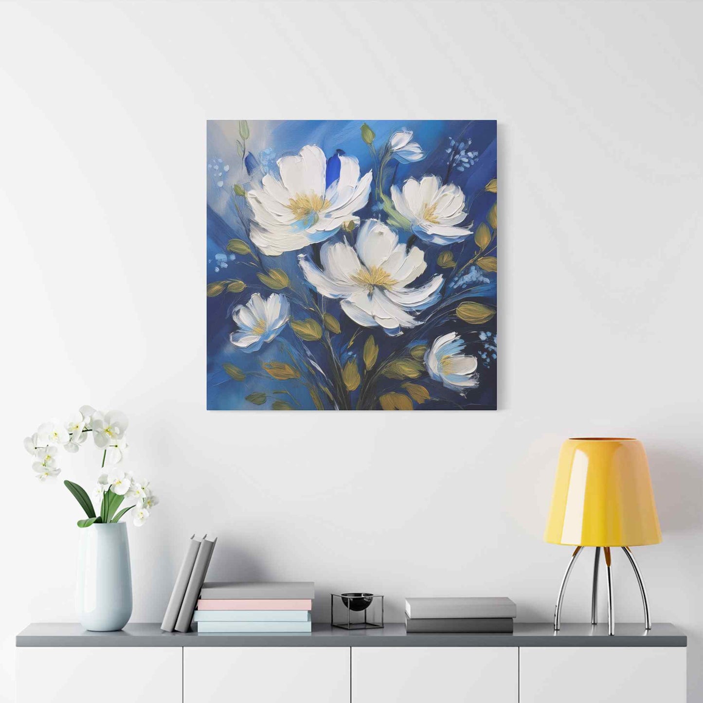 White Flowers Print Canvas, White Flowers Oil Paint Print 20x20, 24x24, 30x30, 32x32, 36x36, Art Design Print Non-Frame MC-8