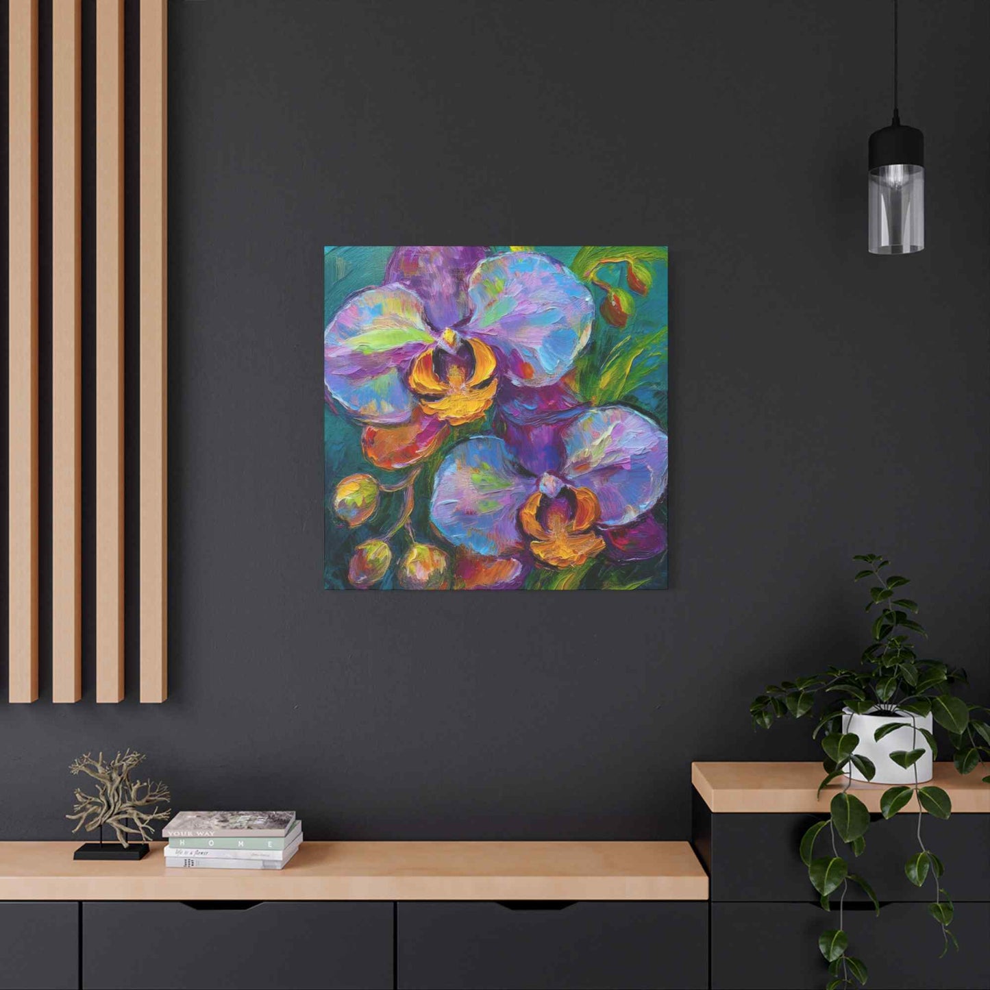 Blue Orchids Print Canvas, Floral Oil Paint Print 20x20, 24x24, 30x30, 32x32, 36x36 Art Design Pine-Wood Inner Frame MC-133