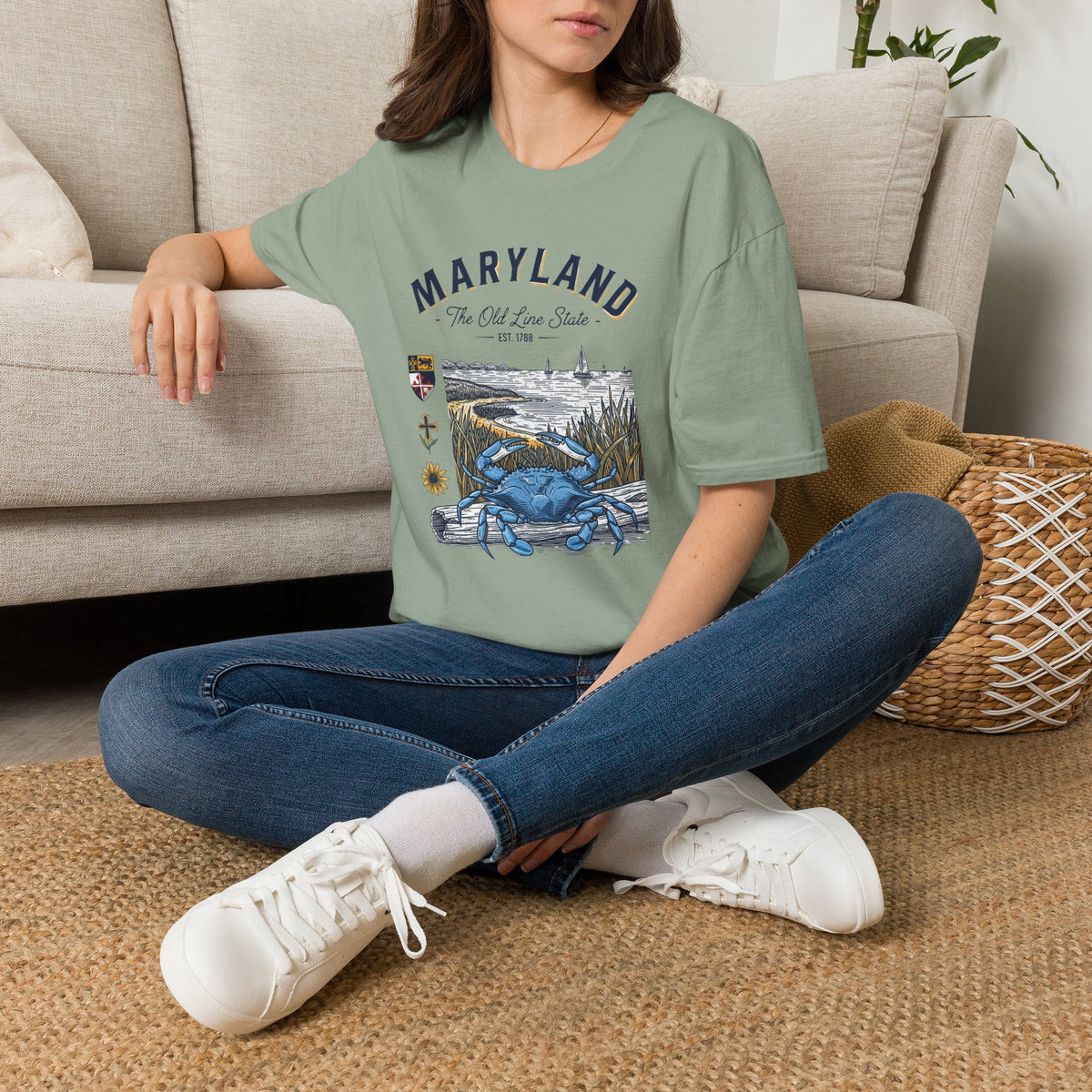 Maryland Blue Crab Scenic T-Shirt — The Old Line State Coastal Design Travel Tourist Graphic Design Unisex 100 Cotton Gildan T-Shirt