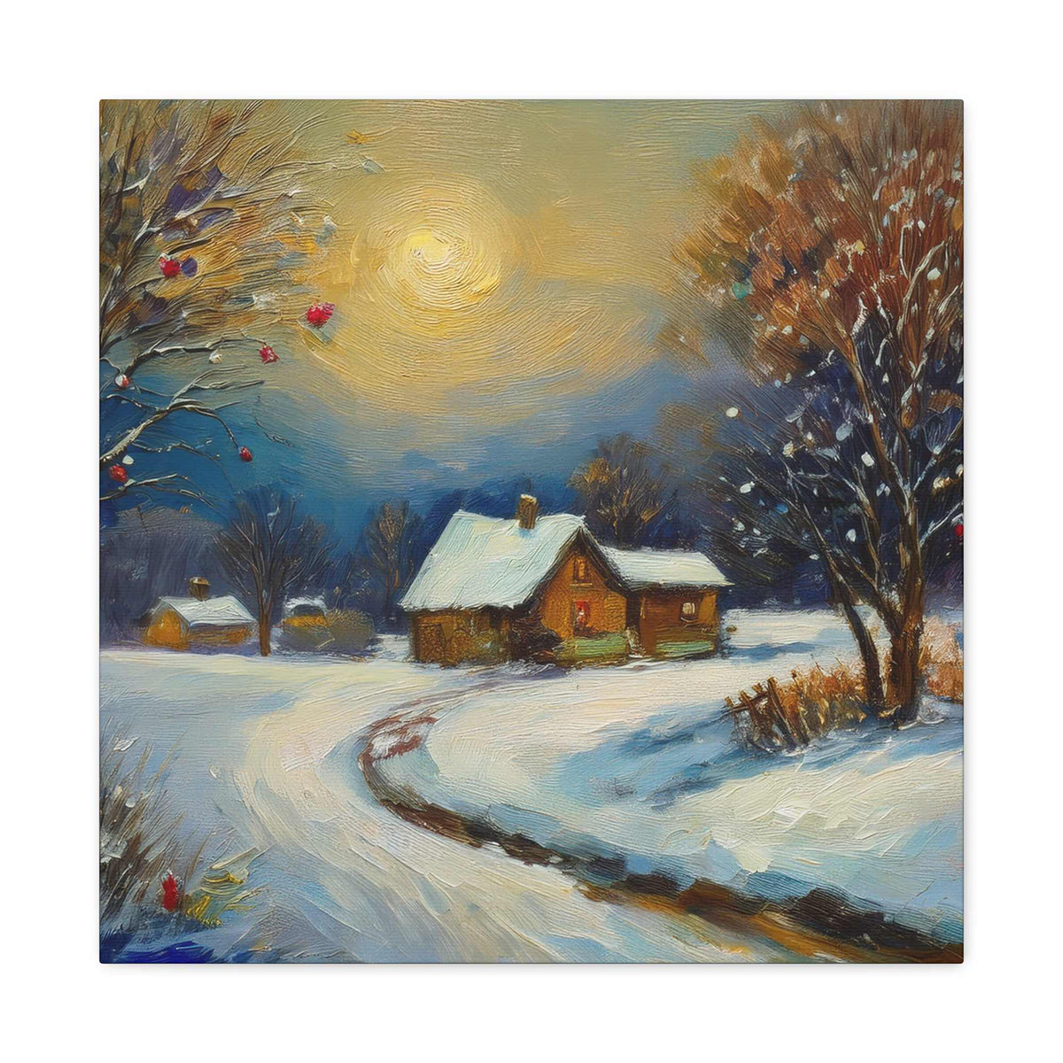 Countryside Winter Print Canvas, Oil Paint Print 20x20, 24x24, 30x30, 32x32, 36x36 Art Design Pine-Wood Inner Frame MC-112