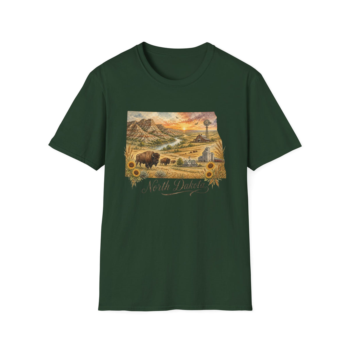 North Dakota State Travel Tourist Graphic Design Unisex 100 Cotton Gildan T-Shirt