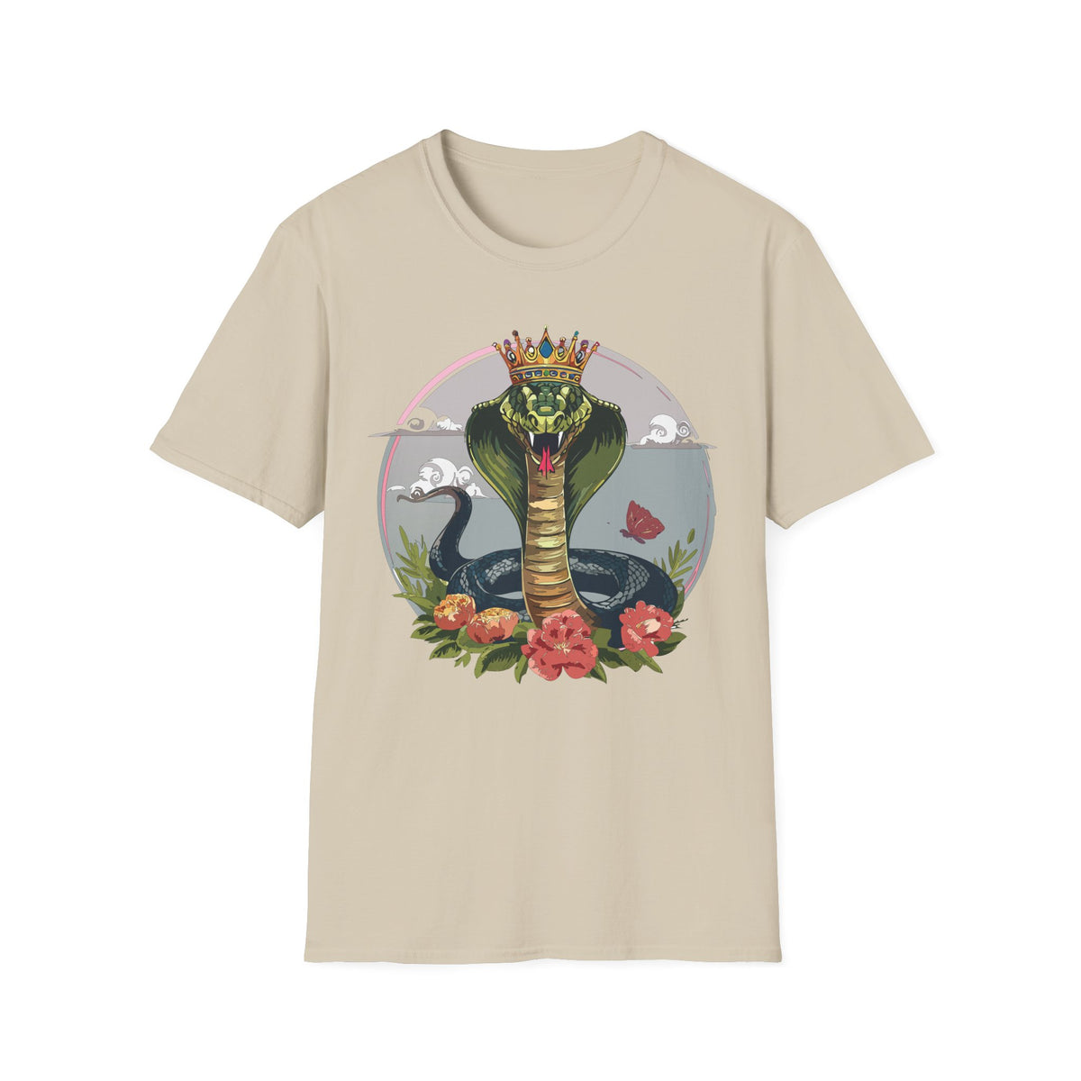 Crowned King Cobra T-Shirt | Snake Illustration, Floral Accent