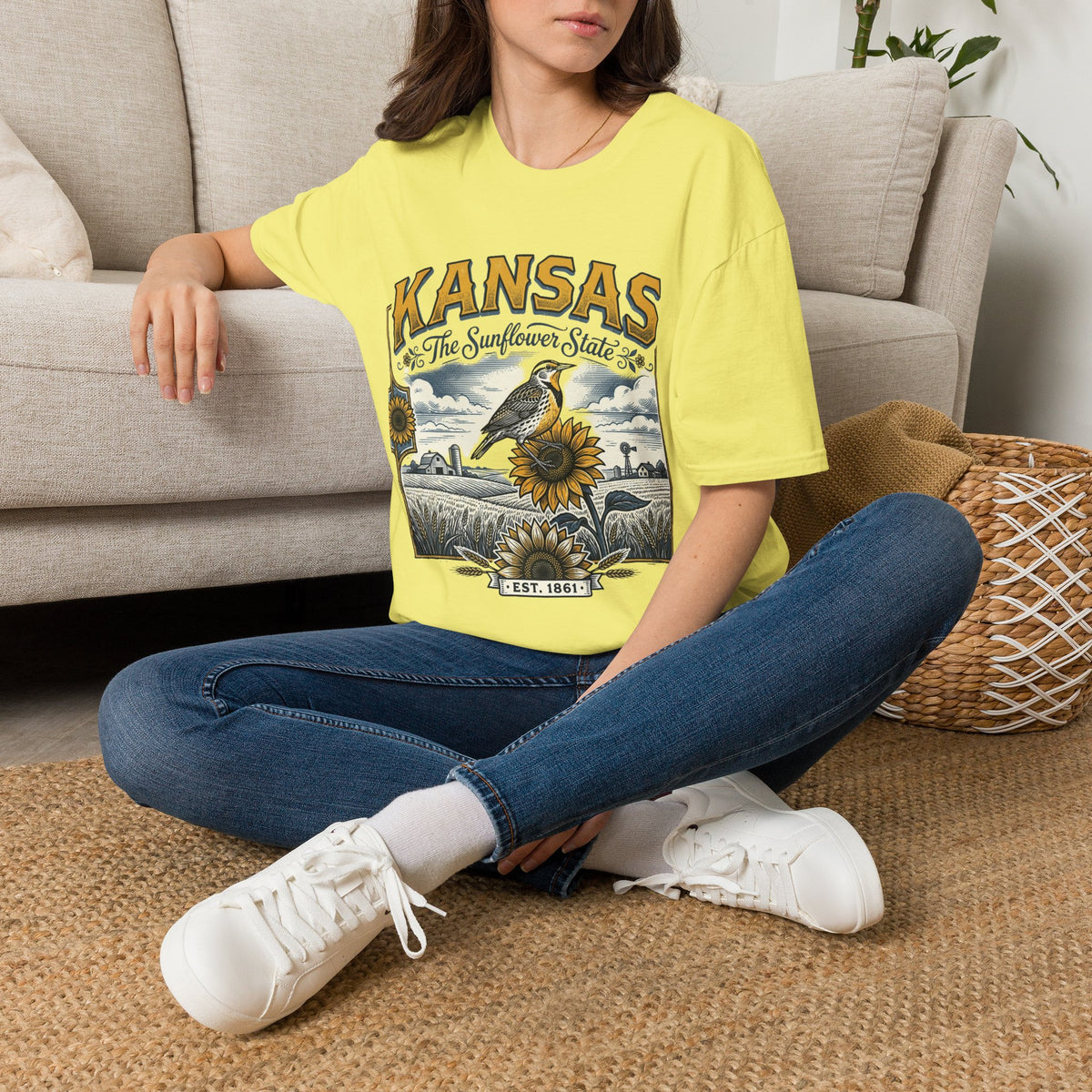Kansas The Sunflower State T-Shirt | Vintage Meadow Bird Sunflower Design