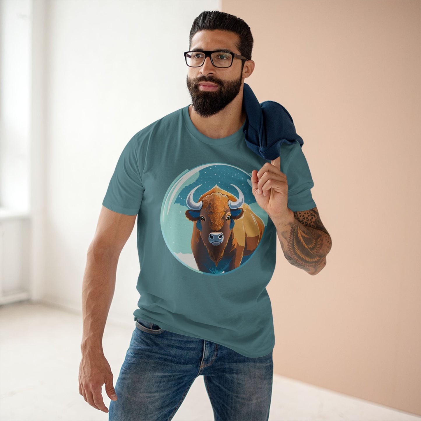 Retro2Nova Bison Art Tee Unisex Premium Cotton Staple Shirt With Original Animal Illustration From Art Collection