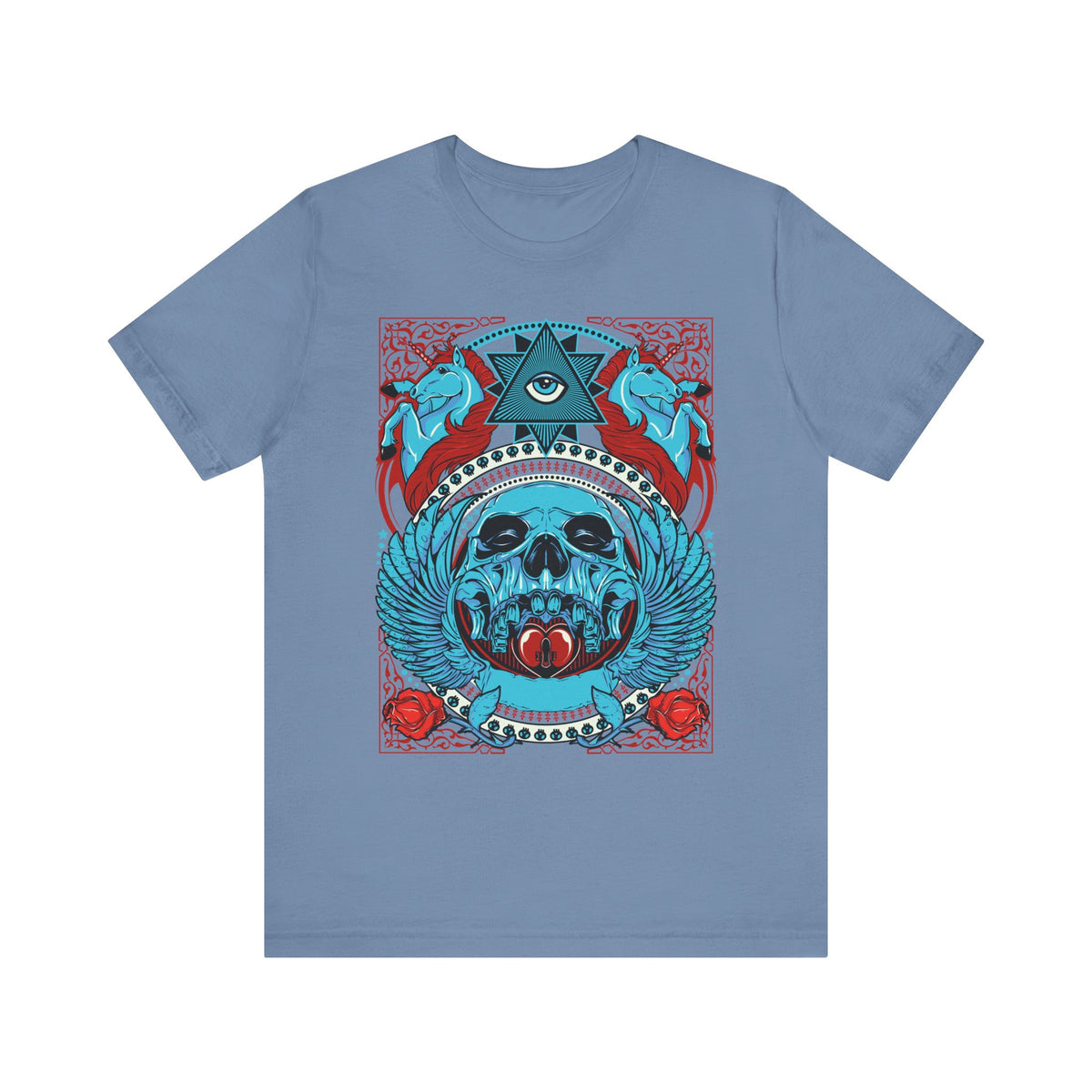 All-Seeing Skull Illustration Tee Winged Skull Third Eye Roses T-Shirt